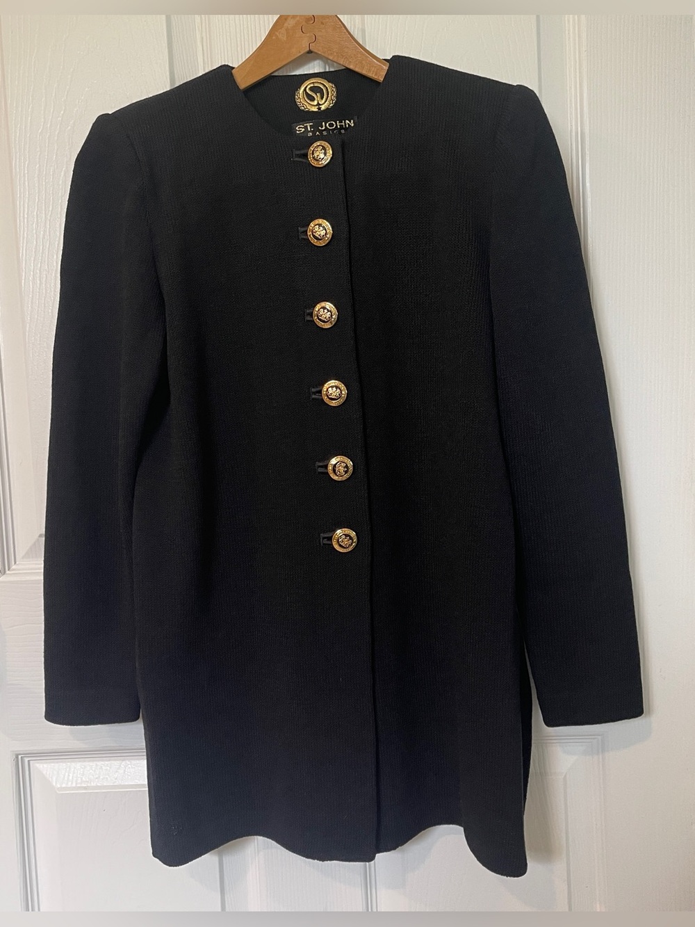St. John Black Knit Collarless Jacket with Gold Buttons